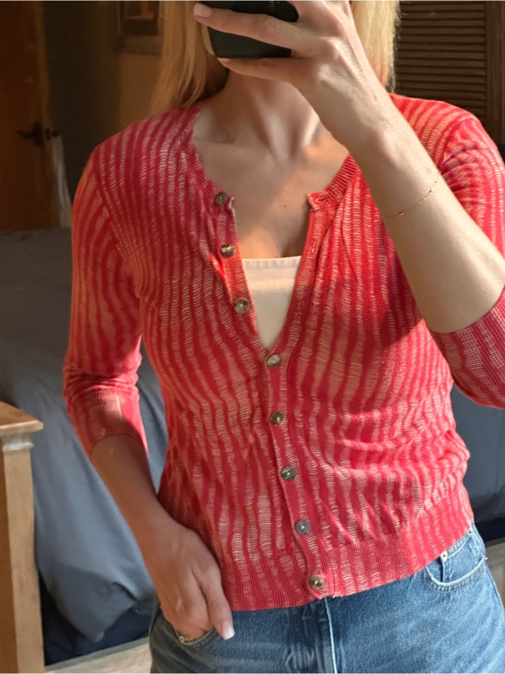 2/$10 or 3/$12 ❤️ BCBG Paris Textured Look Striped Red Knit Cardigan XXS